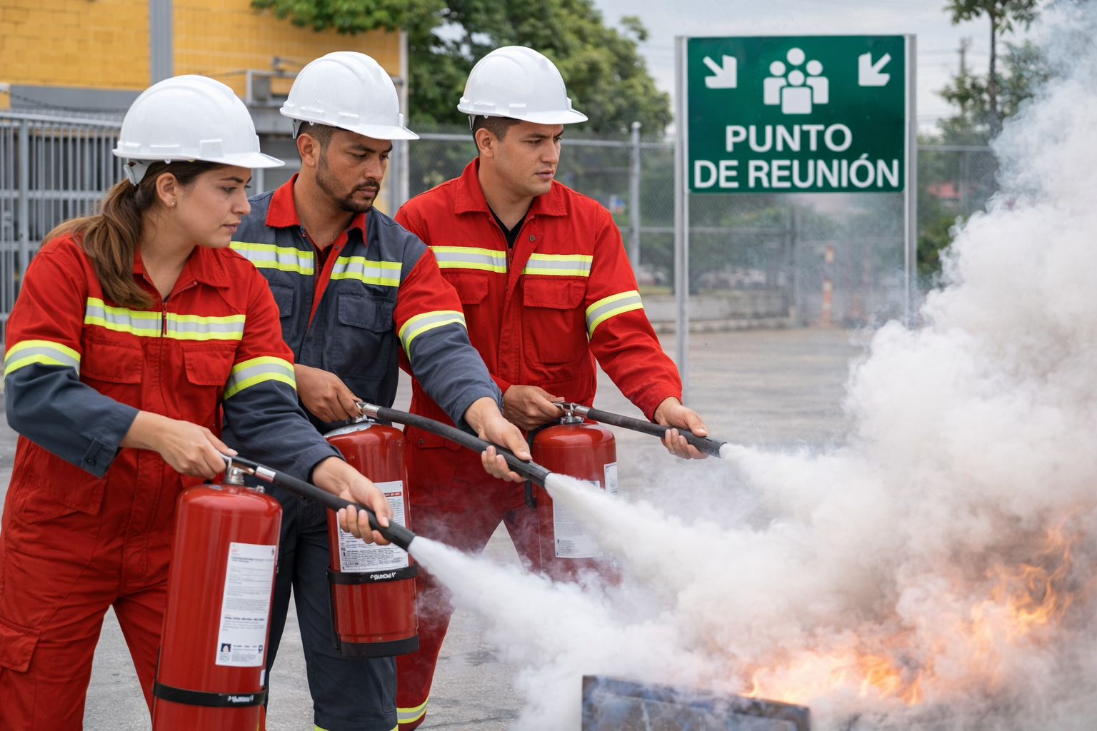 Brigada de emergencia realizando simulacro con extintores