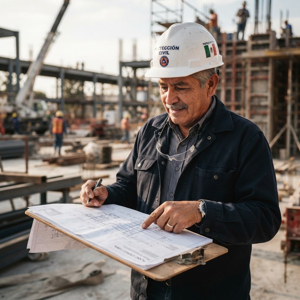 Consultor revisando documentación de protección civil en sitio