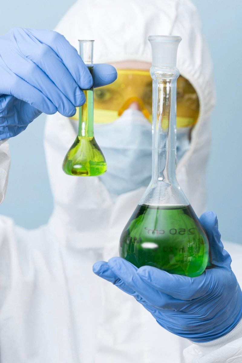 cientifico-de-vista-frontal-con-productos-quimicos-verdes