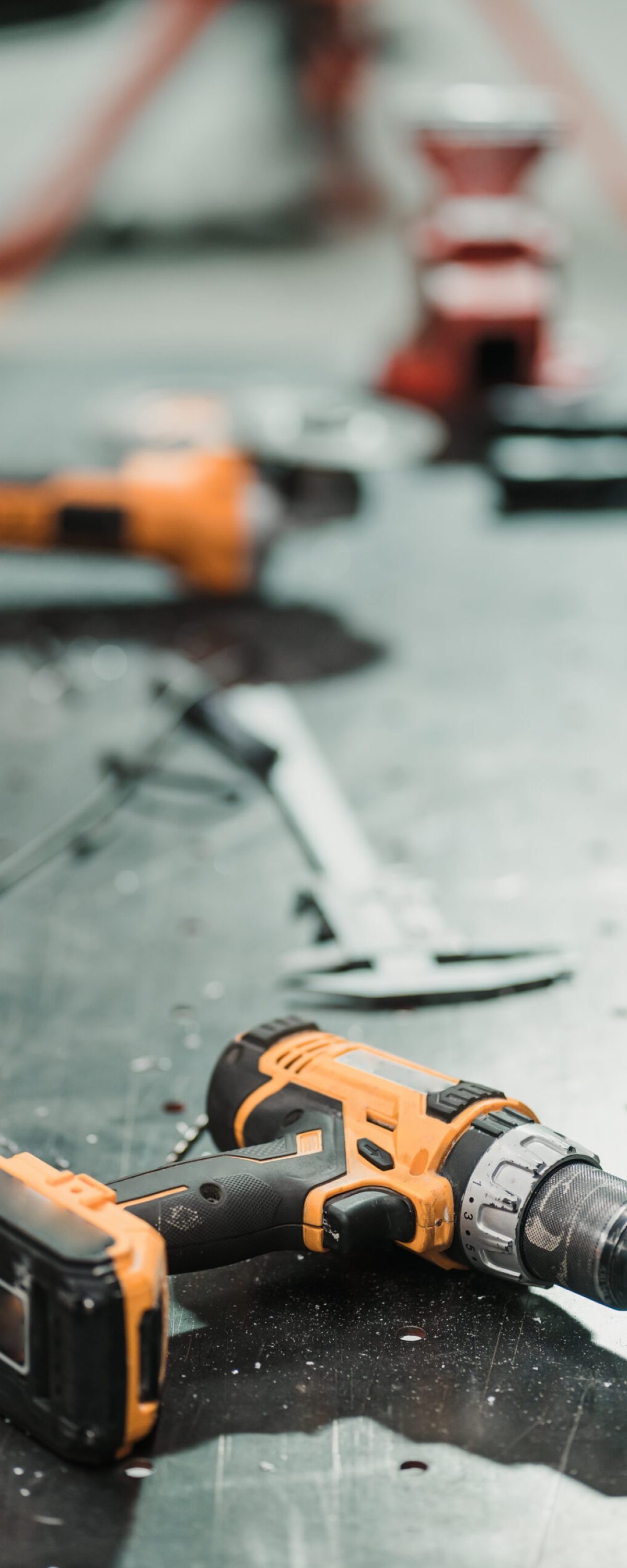 Workshop scene. Tools lying on metallic table in the workshop, garage style