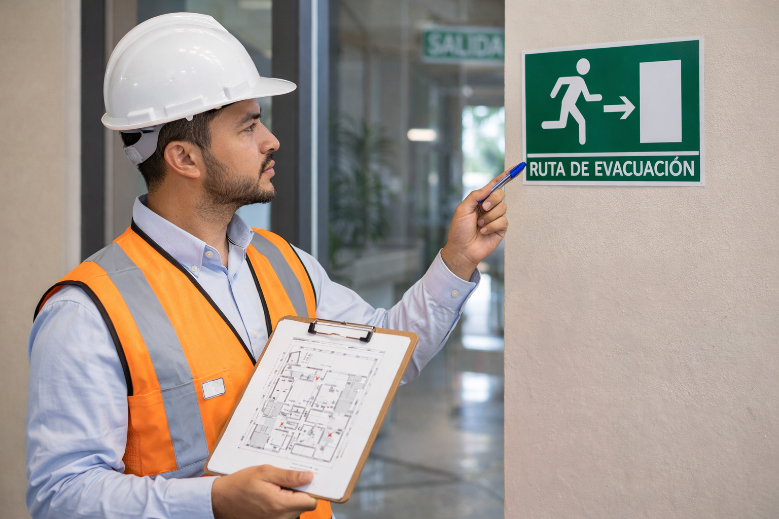 Consultor de Protección Civil revisando rutas de evacuación en inmueble